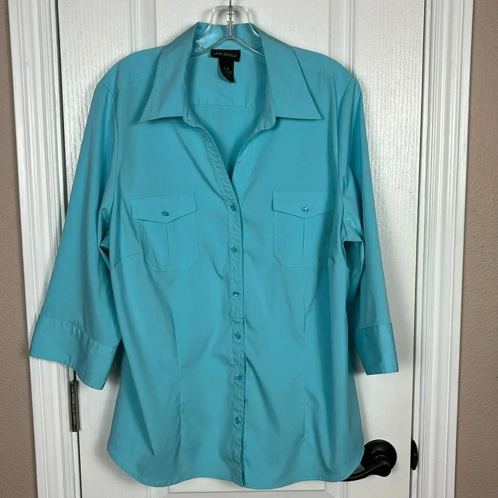 Lane Bryant Turquoise Blue 3/4 Sleeve Button Down Shirt Plus Size 18/20